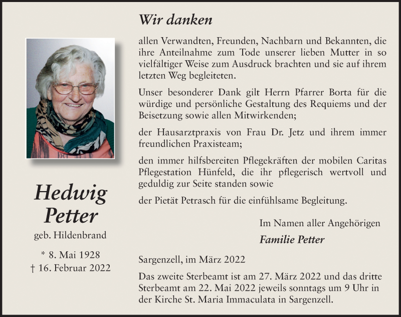  Traueranzeige für Hedwig Petter vom 26.03.2022 aus FZ
