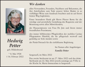Traueranzeige von Hedwig Petter von FZ
