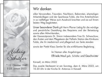 Traueranzeige von Hedwig Schäfer von FZ