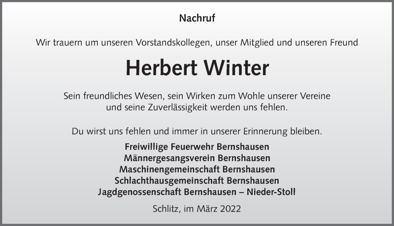  Traueranzeige für Herbert Winter vom 09.03.2022 aus FZ