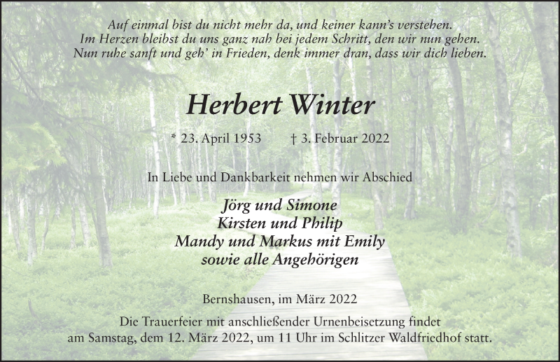  Traueranzeige für Herbert Winter vom 09.03.2022 aus FZ