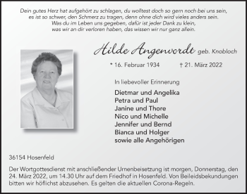 Traueranzeige von Hilde Angenvordt von FZ