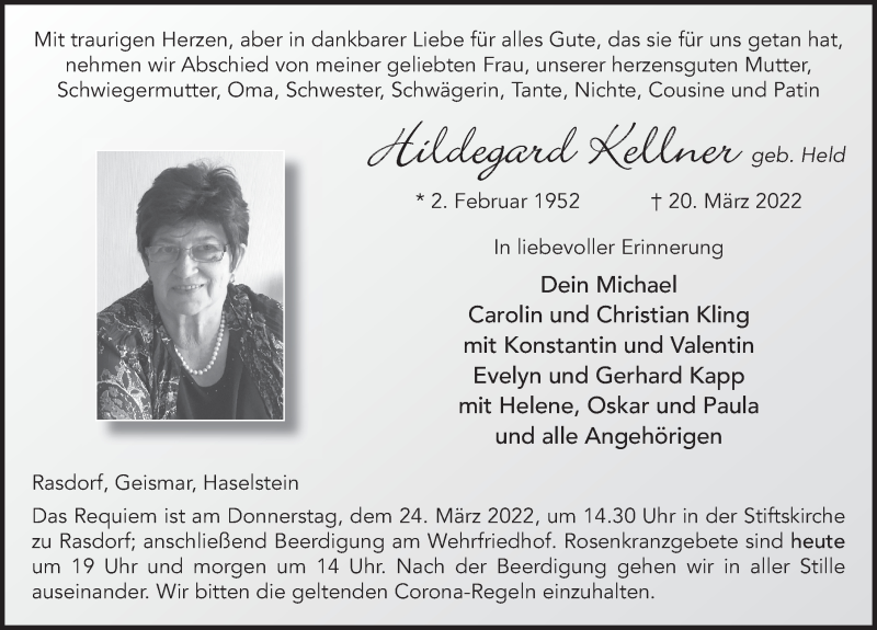  Traueranzeige für Hildegard Kellner vom 23.03.2022 aus FZ
