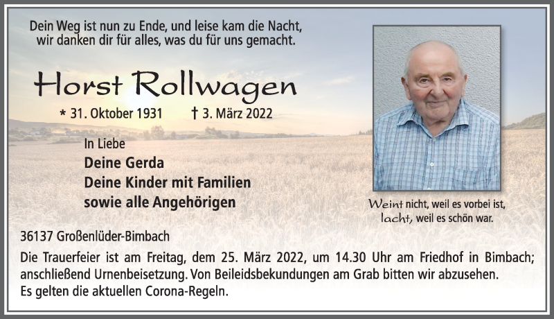  Traueranzeige für Horst Rollwagen vom 22.03.2022 aus FZ