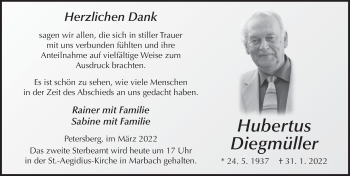 Traueranzeige von Hubertus Diegmüller von FZ