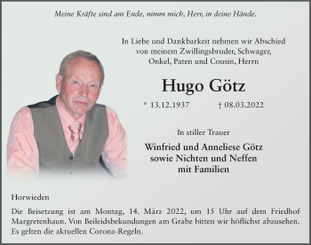 Traueranzeige von Hugo Götz von FZ