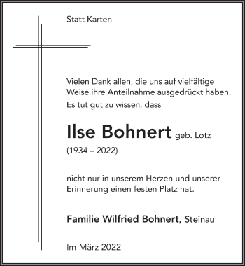 Traueranzeige von Ilse Bohnert von FZ