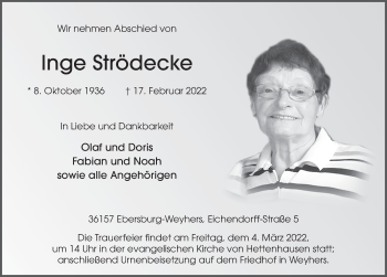 Traueranzeige von Inge Strödecke von FZ