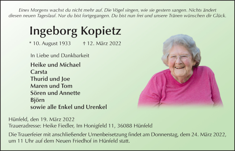  Traueranzeige für Ingeborg Kopietz vom 19.03.2022 aus FZ