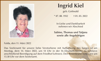 Traueranzeige von Ingrid Kiel von FZ