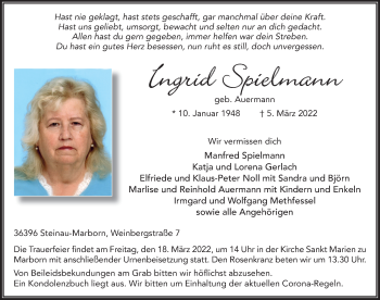 Traueranzeige von Ingrid Spielmann von FZ