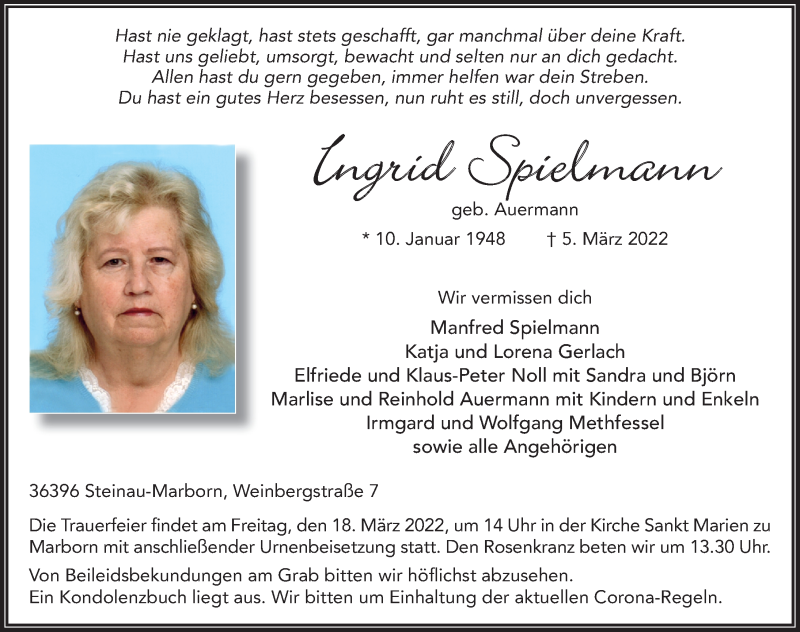  Traueranzeige für Ingrid Spielmann vom 15.03.2022 aus FZ