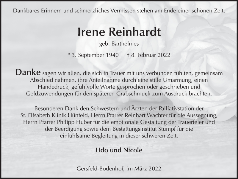  Traueranzeige für Irene Reinhardt vom 19.03.2022 aus FZ