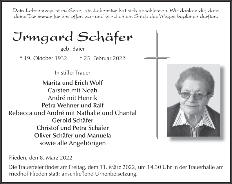  Traueranzeige für Irmgard Schäfer vom 08.03.2022 aus FZ