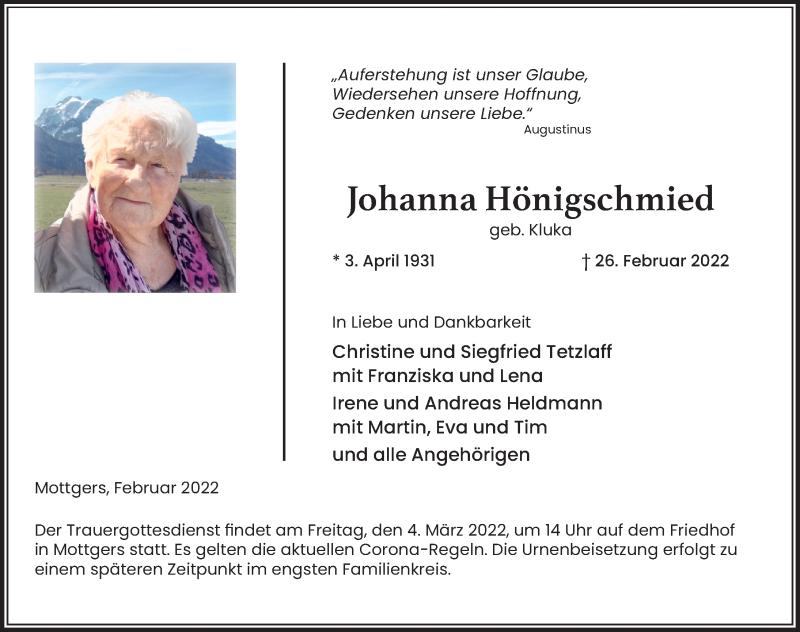  Traueranzeige für Johanna Hönigschmied vom 02.03.2022 aus FZ