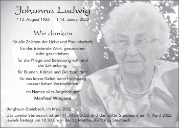 Traueranzeige von Johanna Ludwig von FZ
