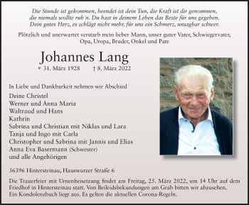 Traueranzeige von Johannes Lang von FZ