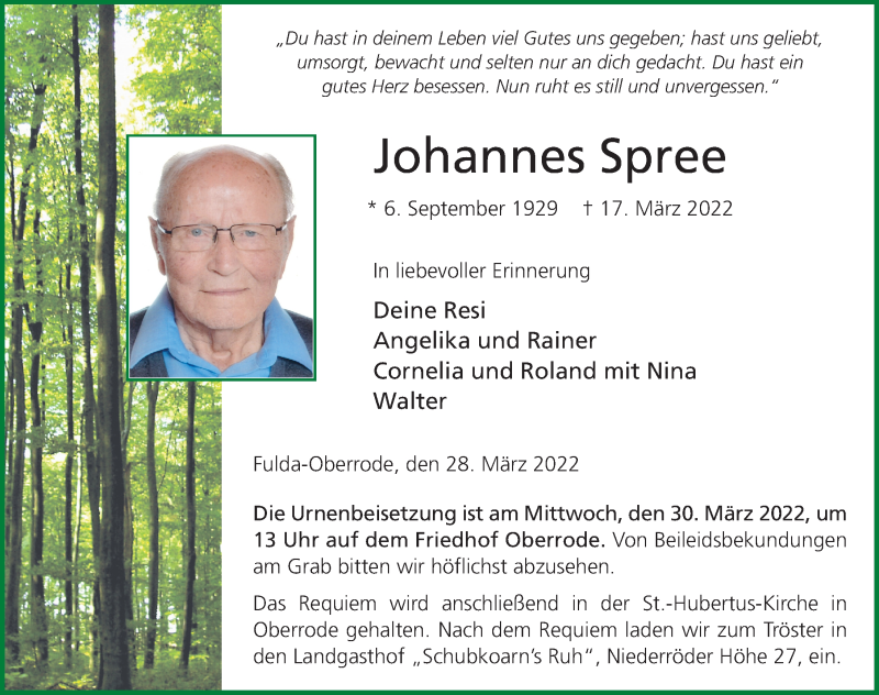  Traueranzeige für Johannes Spree vom 28.03.2022 aus FZ