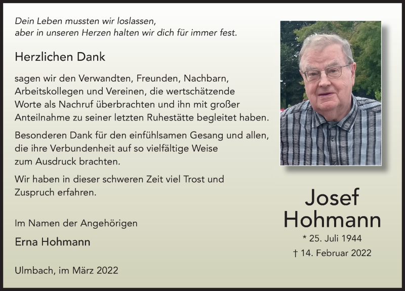  Traueranzeige für Josef Hohmann vom 19.03.2022 aus FZ