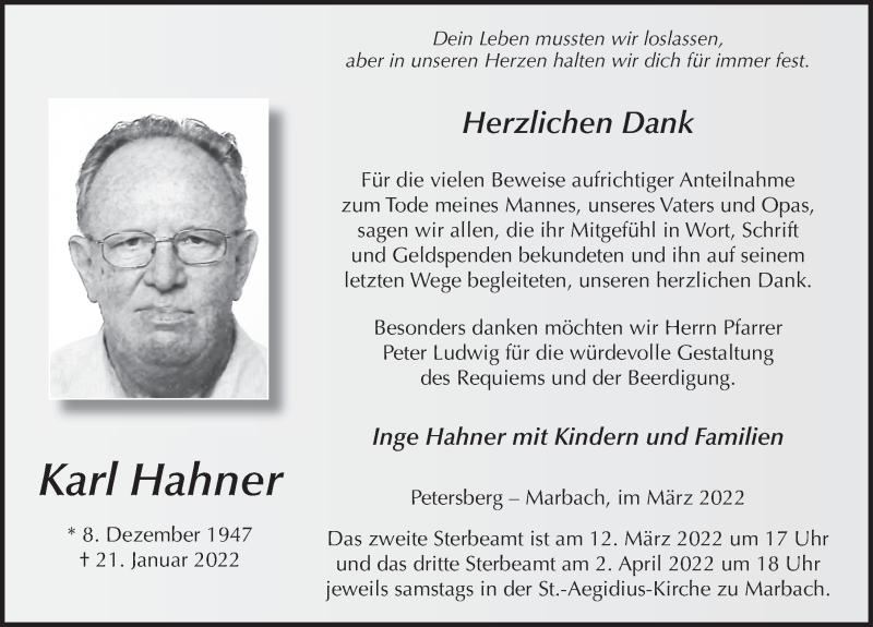  Traueranzeige für Karl Hahner vom 09.03.2022 aus FZ