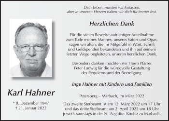 Traueranzeige von Karl Hahner von FZ