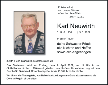 Traueranzeige von Karl Neuwirth von FZ