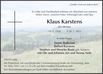 Traueranzeige von Klaus Karstens von FZ