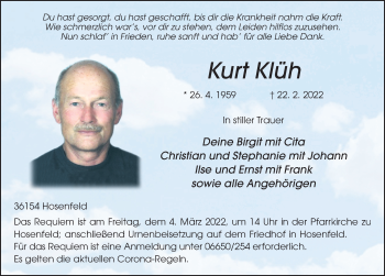 Traueranzeige von Kurt Klüh von FZ