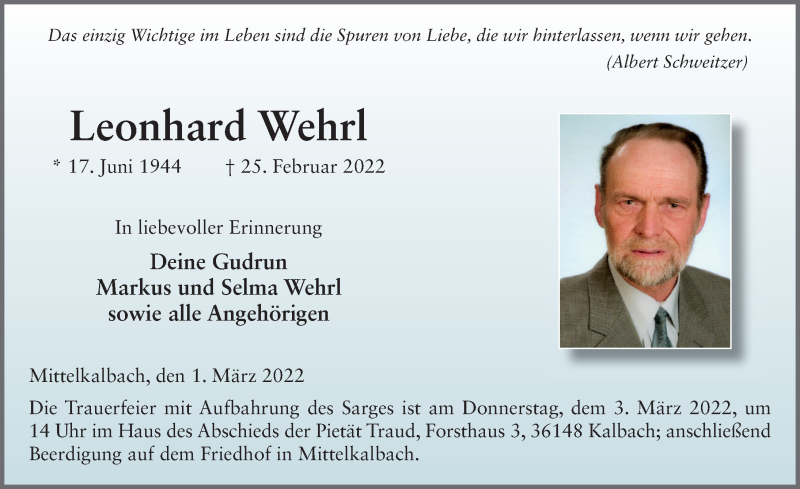  Traueranzeige für Leonhard Wehrl vom 01.03.2022 aus FZ