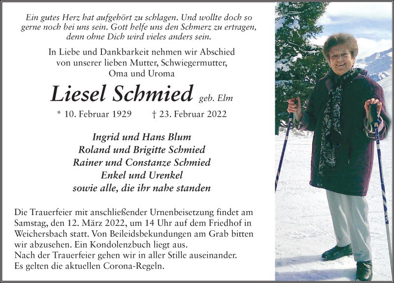  Traueranzeige für Liesel Schmied vom 11.03.2022 aus FZ