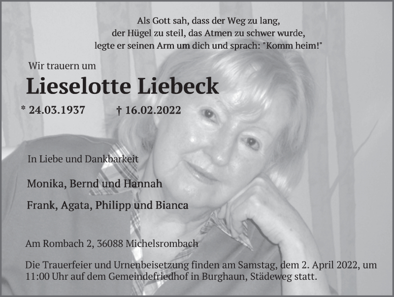  Traueranzeige für Lieselotte Liebeck vom 26.03.2022 aus FZ