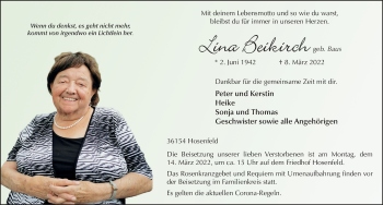 Traueranzeige von Lina Beikirch von FZ