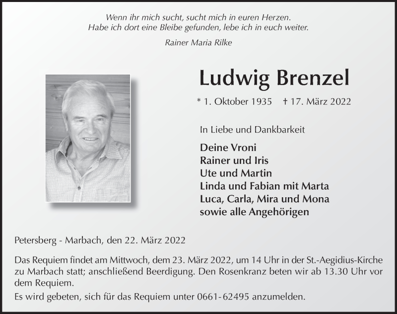  Traueranzeige für Ludwig Brenzel vom 22.03.2022 aus FZ
