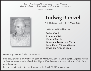 Traueranzeige von Ludwig Brenzel von FZ