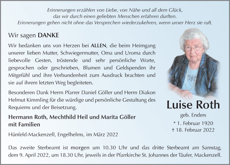  Traueranzeige für Luise Roth vom 19.03.2022 aus FZ