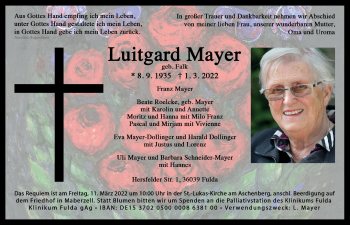Traueranzeige von Luitgard Mayer von FZ