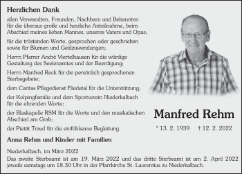 Traueranzeige von Manfred Rehm von FZ