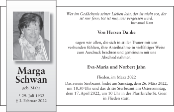 Traueranzeige von Marga Schwan von FZ