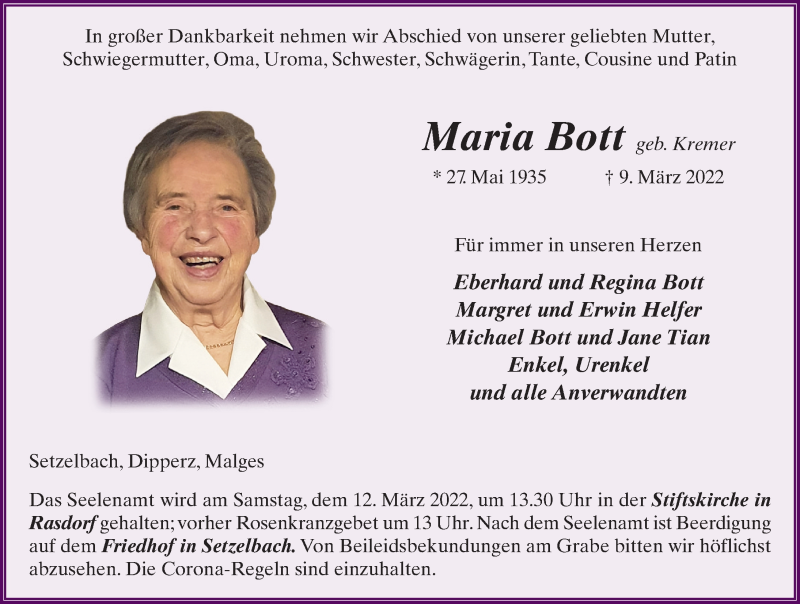  Traueranzeige für Maria Bott vom 11.03.2022 aus FZ
