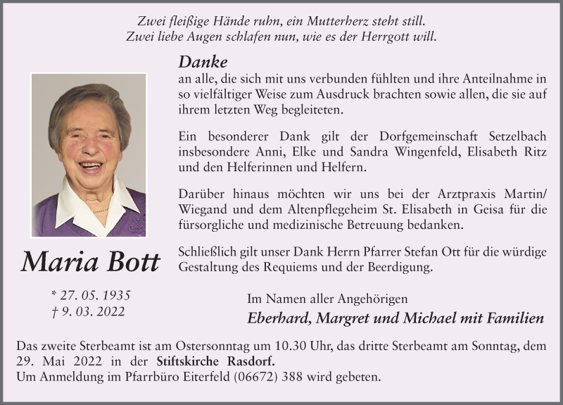  Traueranzeige für Maria Bott vom 26.03.2022 aus FZ