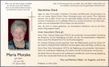 Traueranzeige von Maria Motzke von FZ