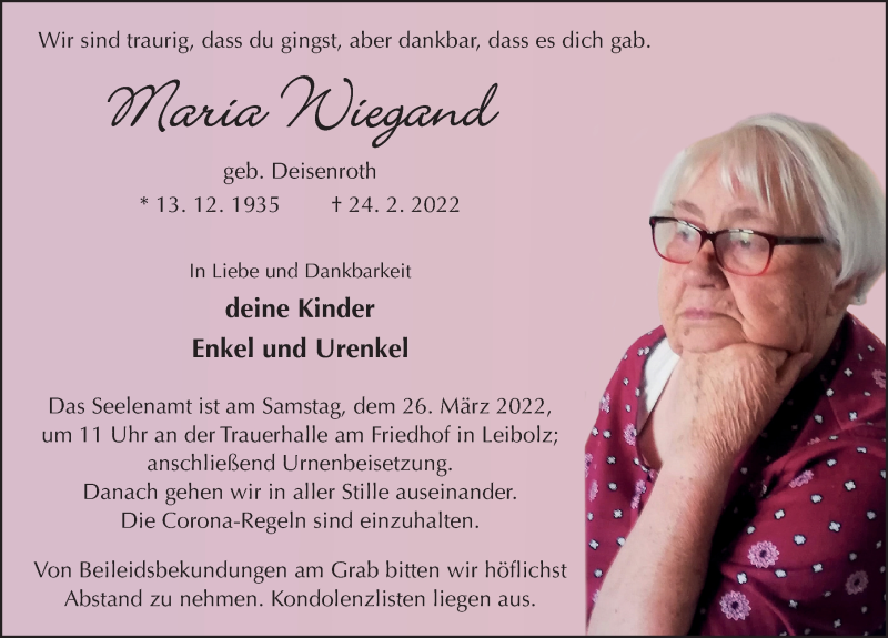  Traueranzeige für Maria Wiegand vom 22.03.2022 aus FZ