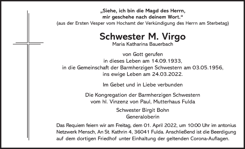  Traueranzeige für Maria Katharina Bauerbach vom 30.03.2022 aus FZ