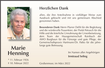 Traueranzeige von Marie Henning von FZ
