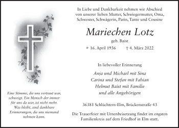 Traueranzeige von Mariechen Lotz von FZ