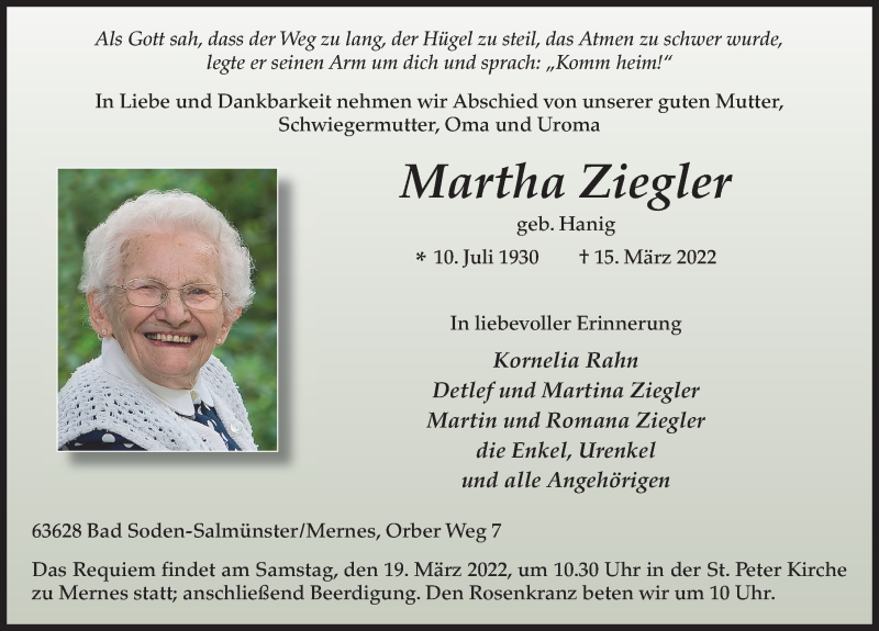  Traueranzeige für Martha Ziegler vom 17.03.2022 aus FZ