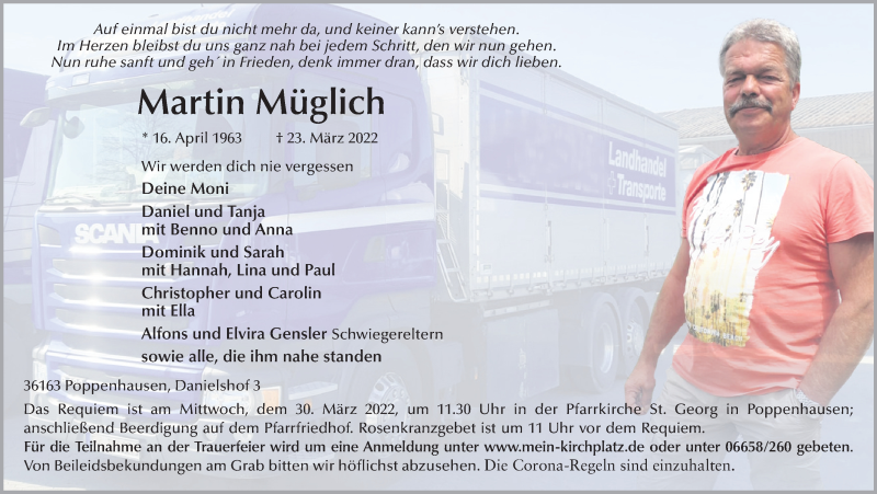  Traueranzeige für Martin Müglich vom 26.03.2022 aus FZ