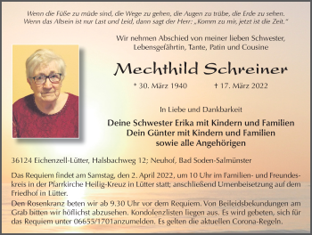 Traueranzeige von Mechthild Schreiner von FZ