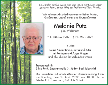 Traueranzeige von Melanie Putz von FZ