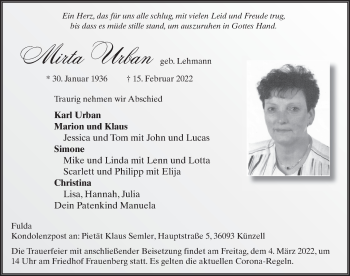 Traueranzeige von Mirta Urban von FZ